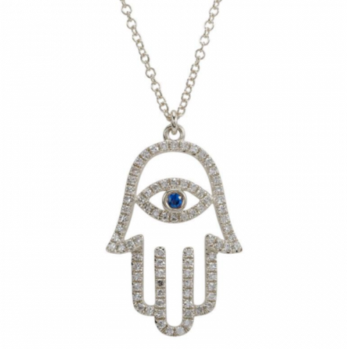 Sapphire Accent Diamond Hamsa Necklace