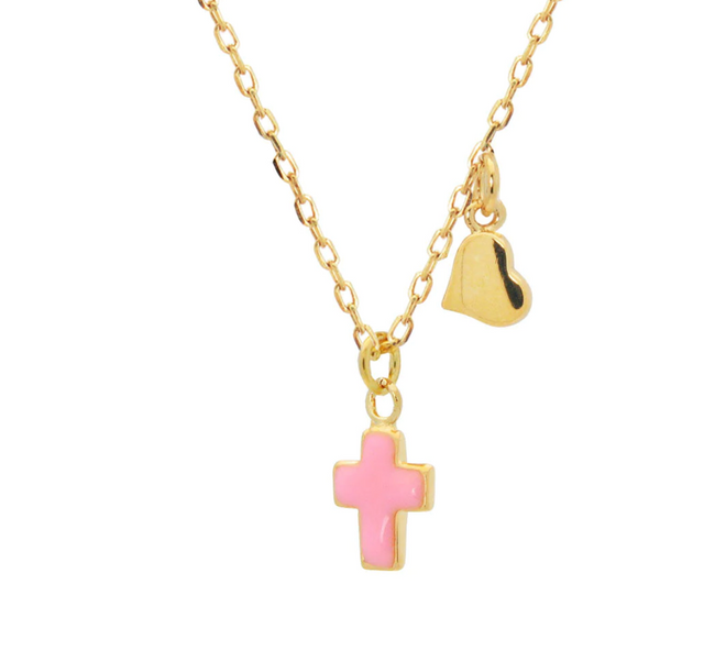 Kids Pink Enamel Cross Necklace